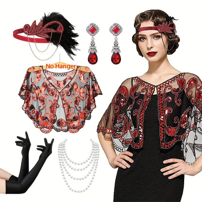 Women's Gatsby Costume Set - 1920s Flapper Accessory Kit Featuring Headband, Sequined Shawl, Beaded Earrings, Faux Pearl Necklace, Evening Satin Gloves. Perfect for Roaring 20's Parties, Weddings, and Retro Fashion Events.