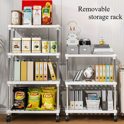 Rolling Storage Rack Organizer featuring Multiple Tiers, Constructed from Metal and Plastic, Easy to Move with Wheels, Ready to Use with No Assembly Needed, Ideal for Kitchen, Bathroom, Snacks, and Shoes Storage.