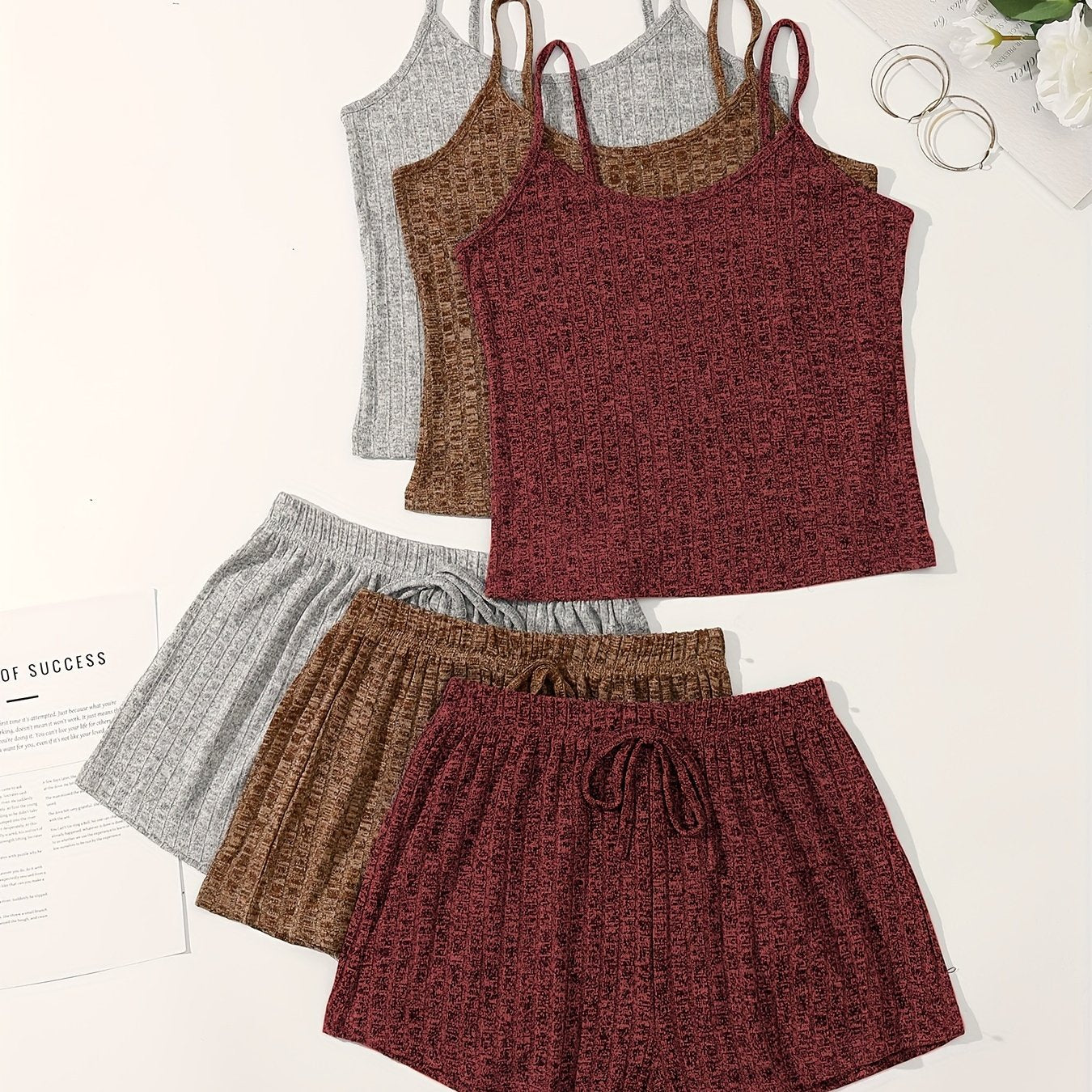 3-piece ribbed lounge set for women featuring a casual backless cami top and drawstring shorts.