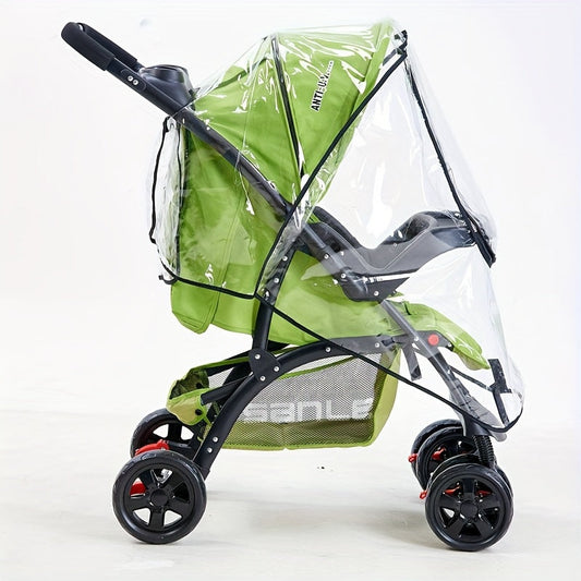 Transparent rain cover for strollers with windproof, dustproof, and rainproof canopy, featuring a black zipper.