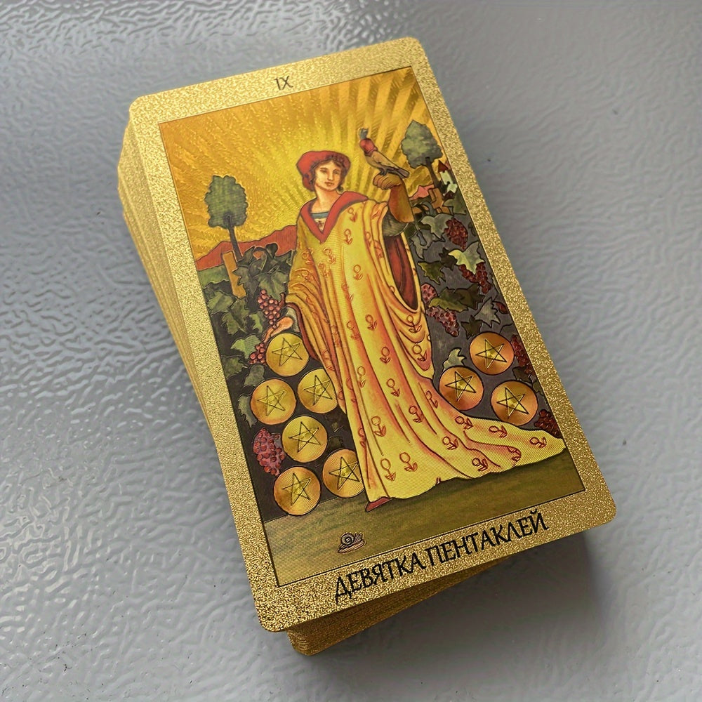 Russian Golden Tarot Deck, 12x7cm, with Russian paper, guide book, Prophet Oracle cards, 78 cards for divination and fortune telling.