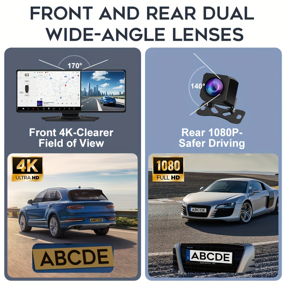 Portable 4K Ultra HD Dual-Camera DVR with Voice Control - 26.06cm screen, Wireless CarPlay & AndroidAuto, HD Reverse Camera, Loop Recording, WiFi, Call & Navigation, FM/AUX, Easy Mount