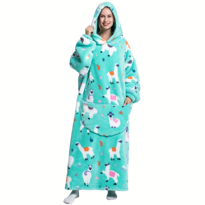 Super warm and cozy fleece oversized hoodie blanket with sleeves for adults. This wearable blanket hoodie features a giant pocket and is perfect for staying extra warm on cold days. Makes a great gift for women, men, and moms.