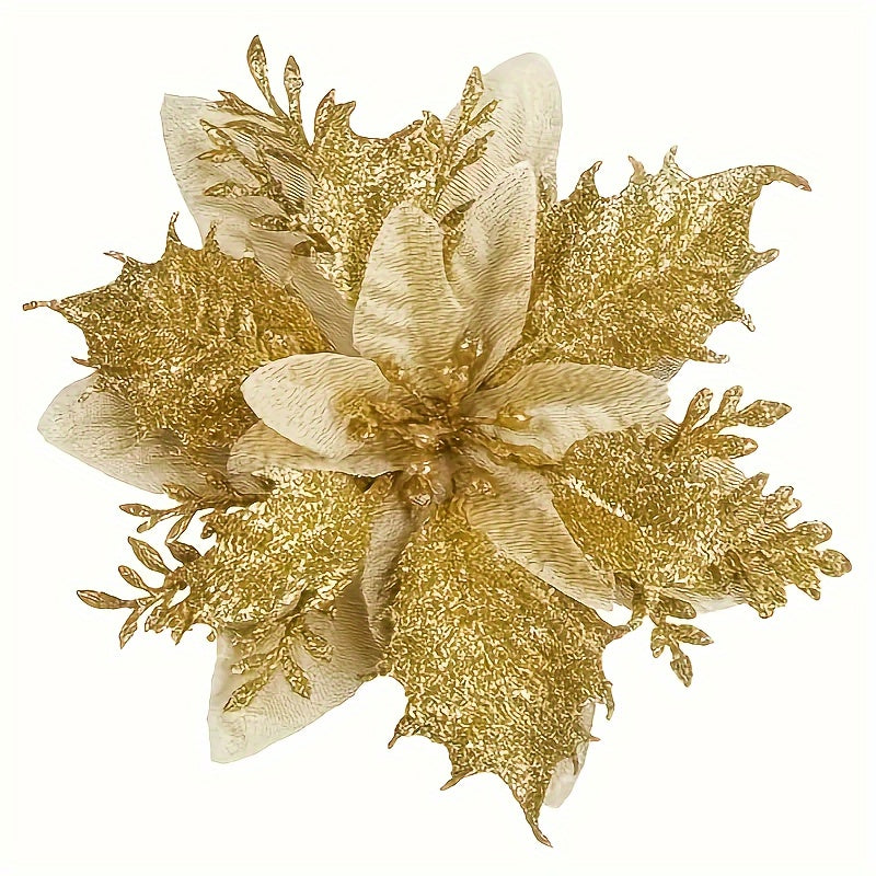 10 golden and silvery artificial Christmas decorations with red flowers, shiny ornaments, tree flower decorations, DIY wreath, holiday grass, and family party decor.