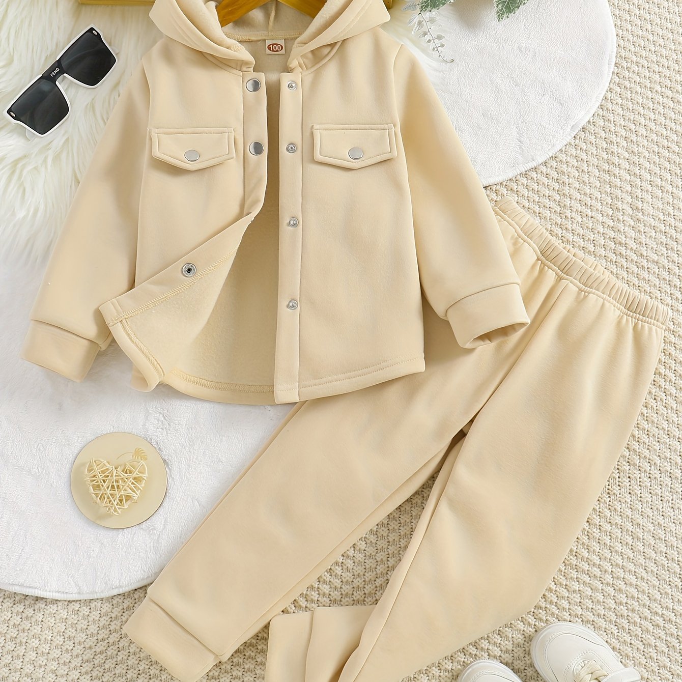 Set of girls' hooded jacket and jogger pants for autumn outdoor activities.