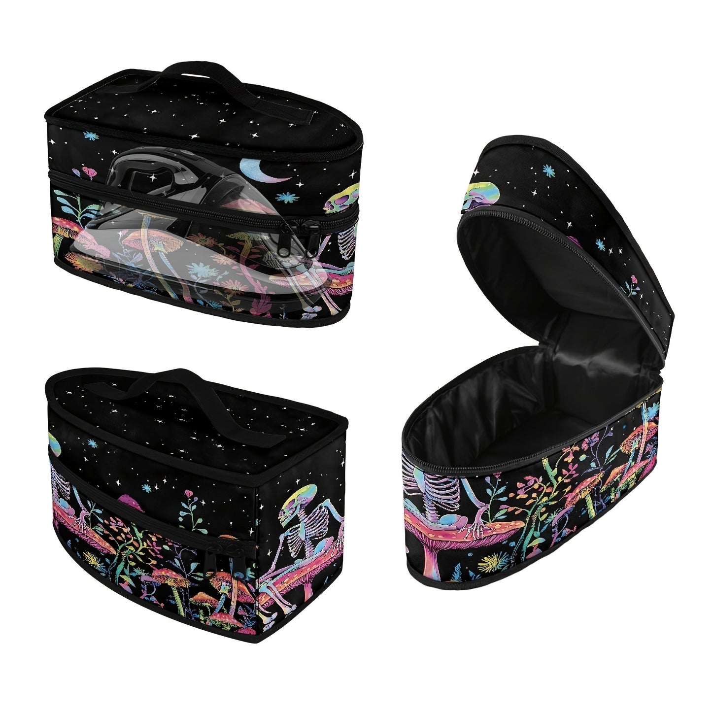 Travel in style with this Portable Ironing Bag featuring a unique Mushroom Skull print. This bag is equipped with a dual zipper and top handle for easy carrying. Made of dust-proof polyester, it is ideal for storing or transporting your clothes