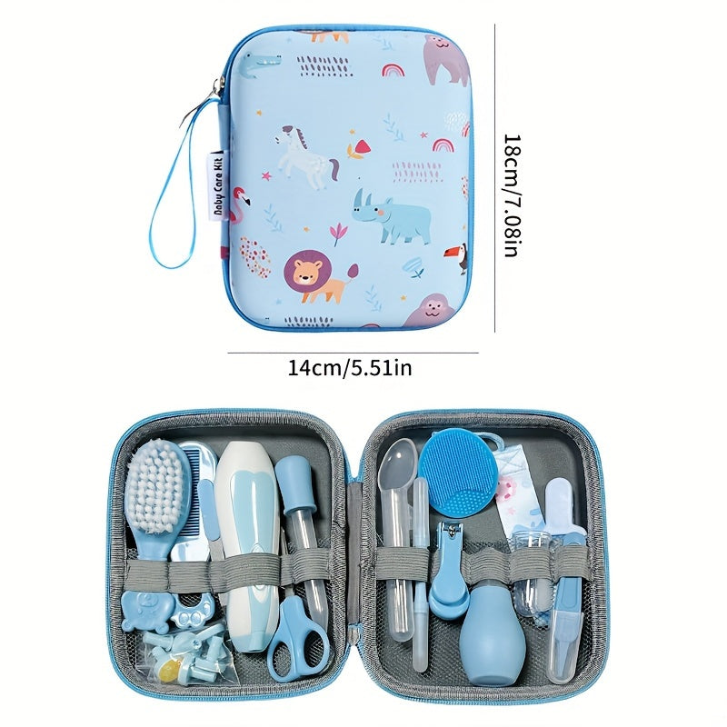 UNICHERRY 14-piece Kids Care Set: Compact Grooming & Safety Kit including Nail Clippers, Nasal Aspirator & Tongue Cleaner - Pink/Blue Silicone Essentials for Kids