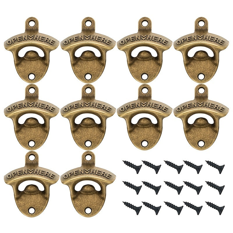 Set of 10 vintage wall-mounted beer bottle openers, ideal for BBQs and kitchen use.