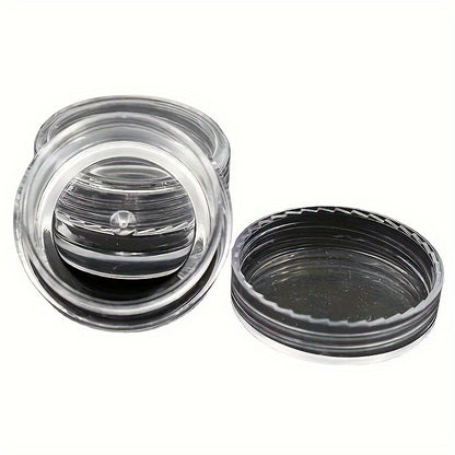 10 clear round plastic containers with secure lids are ideal for storing nail art, glitter, and cosmetic samples. They are lightweight and portable, perfect for bathroom and makeup organization. Ideal for nail care products.