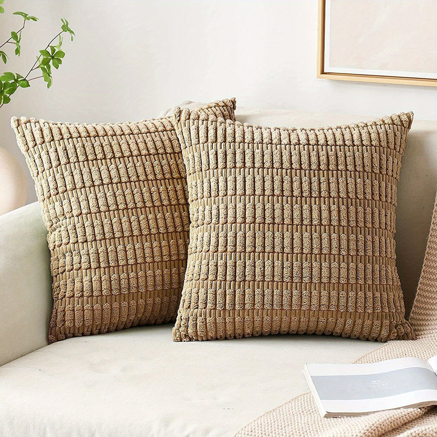 Reversible corduroy throw pillow cover with soft boho striped design, machine washable, zipper closure. Woven polyester, ideal for contemporary farmhouse home decor in sofa and living room. Size: 45.72x45.72 cm.