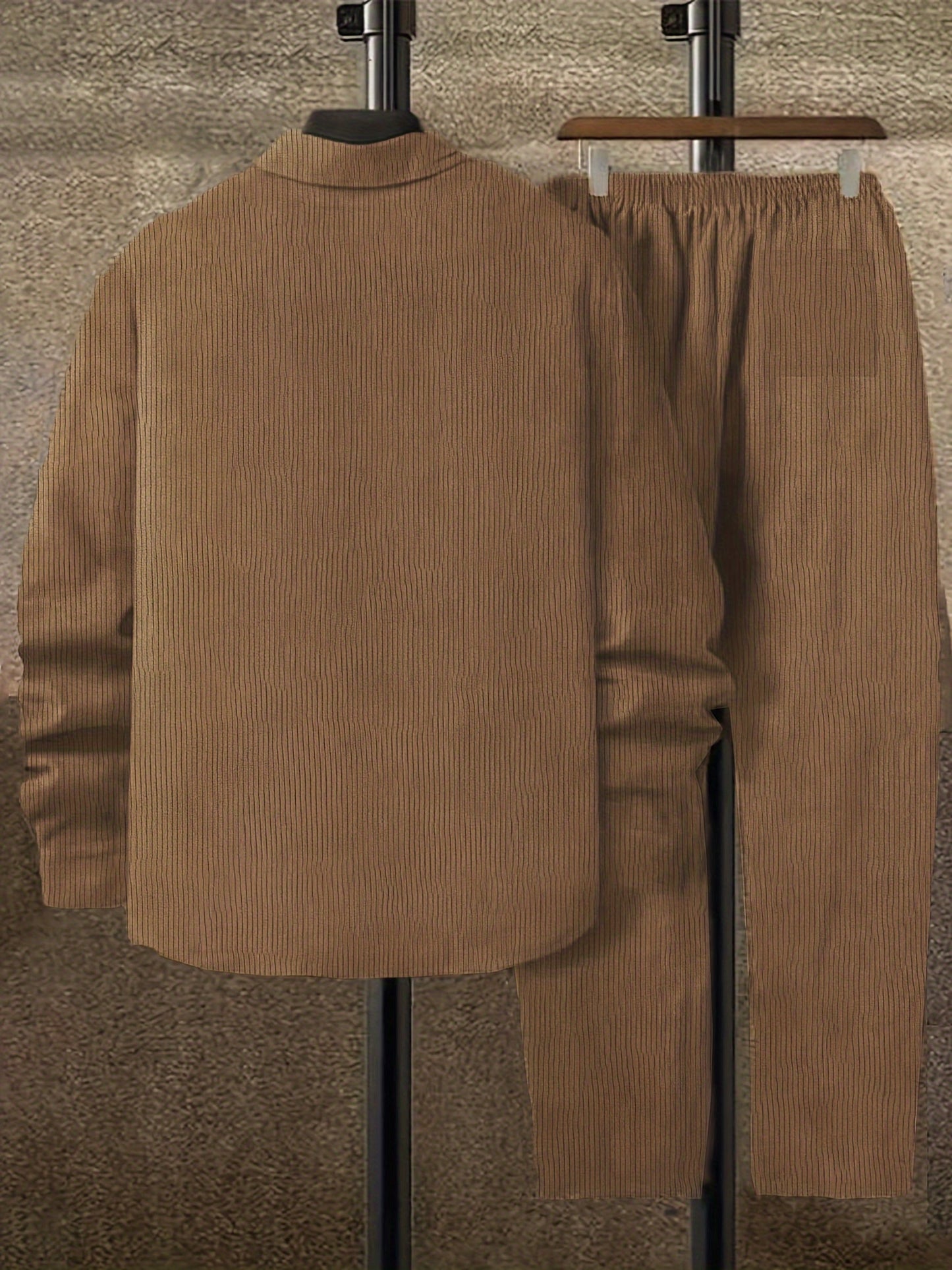 Men's corduroy suit with long sleeve shirt and pants.