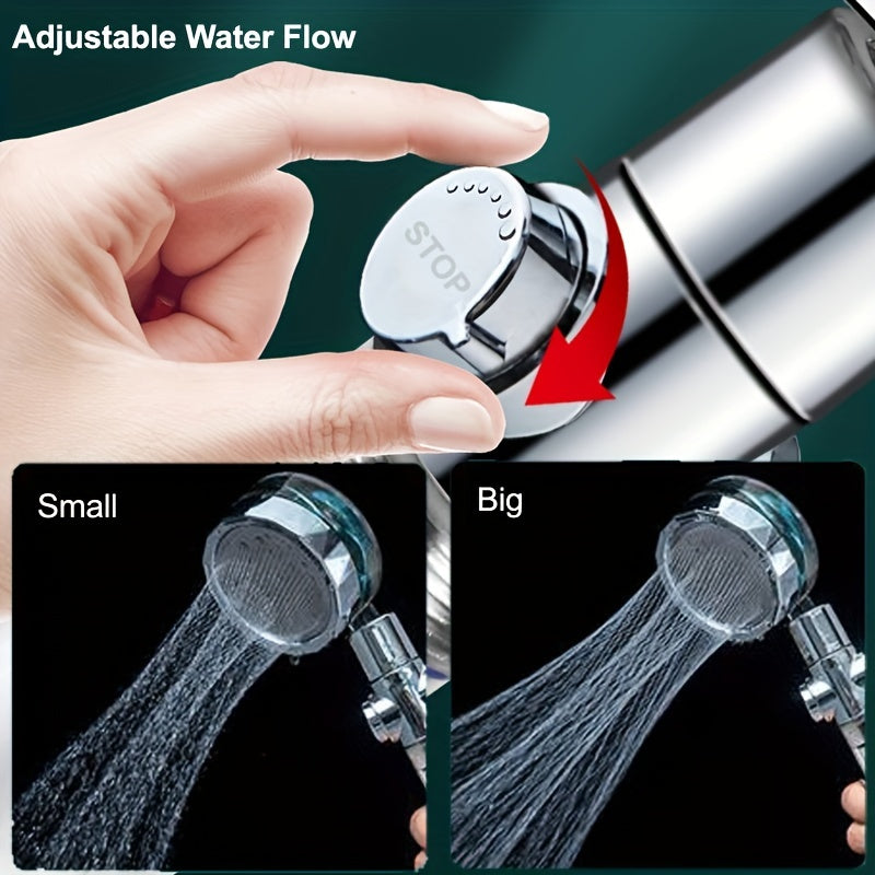 Turbocharged handheld shower head with high pressure and 5 filters for bathroom use.