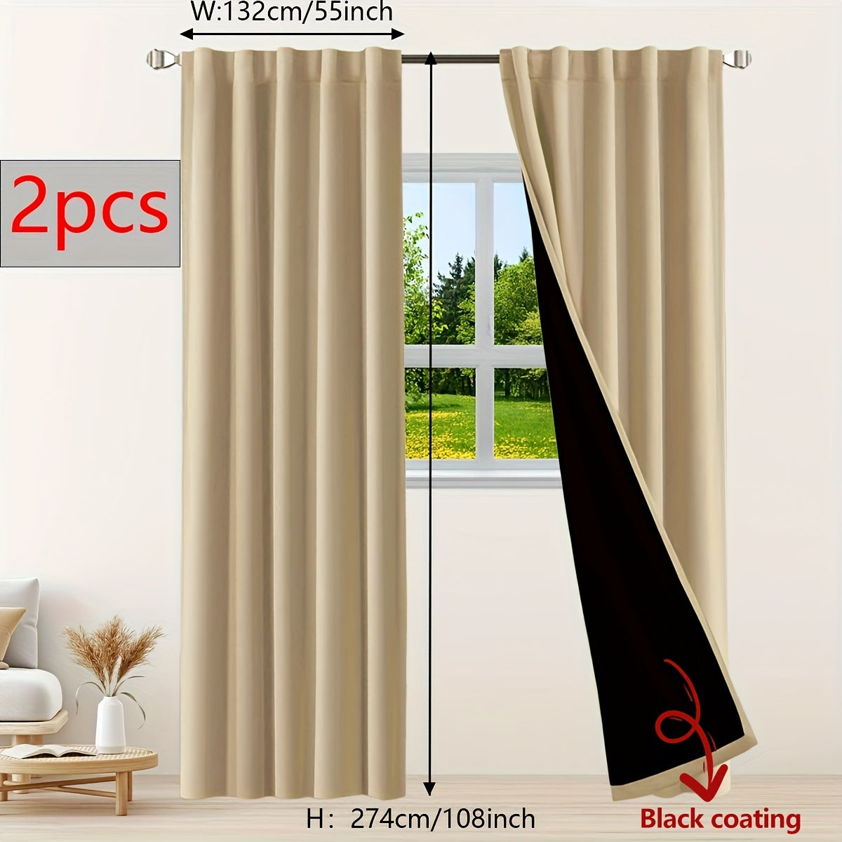 Two pieces of contemporary blackout curtains made from thermal insulated twill weave polyester. They are designed to reduce noise and block out light, making them perfect for the living room, bedroom, or study. These curtains feature a hook and ring rod