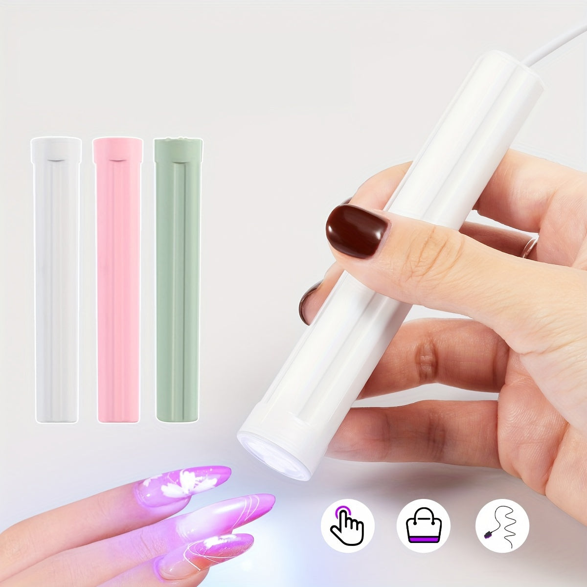 Portable UV Nail Curing Lamp Mini - Handheld LED gel polish dryer with direct plug-in design, USB powered unscented nail art lamp.