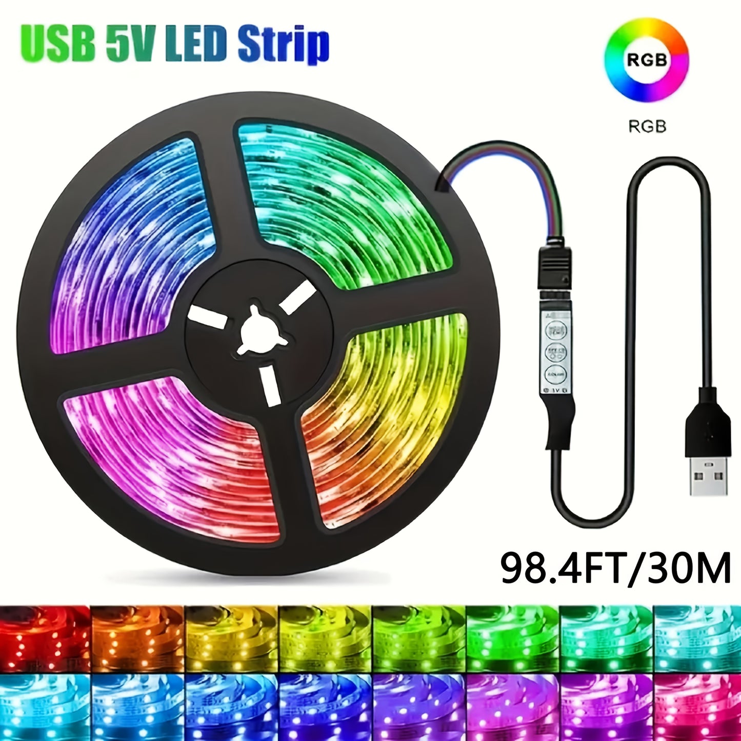 97.54cm USB-powered RGB LED strip with mini controller for bedroom, party, home decoration.