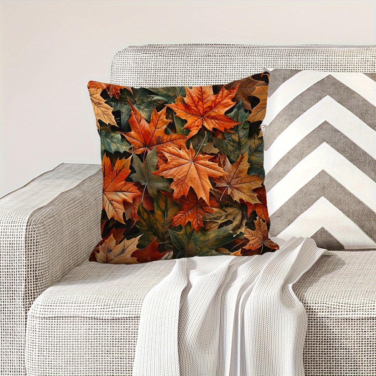 Autumn-themed pillow cover with pumpkin, sunflower, and maple leaf design. Single-sided print, zip closure, hand washable polyester, suitable for sofa and bedroom decor.