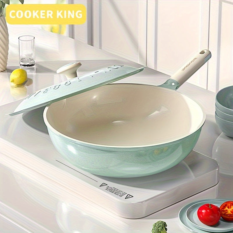 The Cooker King Nonstick Ceramic Saute Pan is available in 28, 30, and 32cm sizes. This healthy jumbo cooker is induction compatible and free of PFOA and PFAS. It comes with a lid and features a non-toxic, deep frying skillet design. The stay cool handle