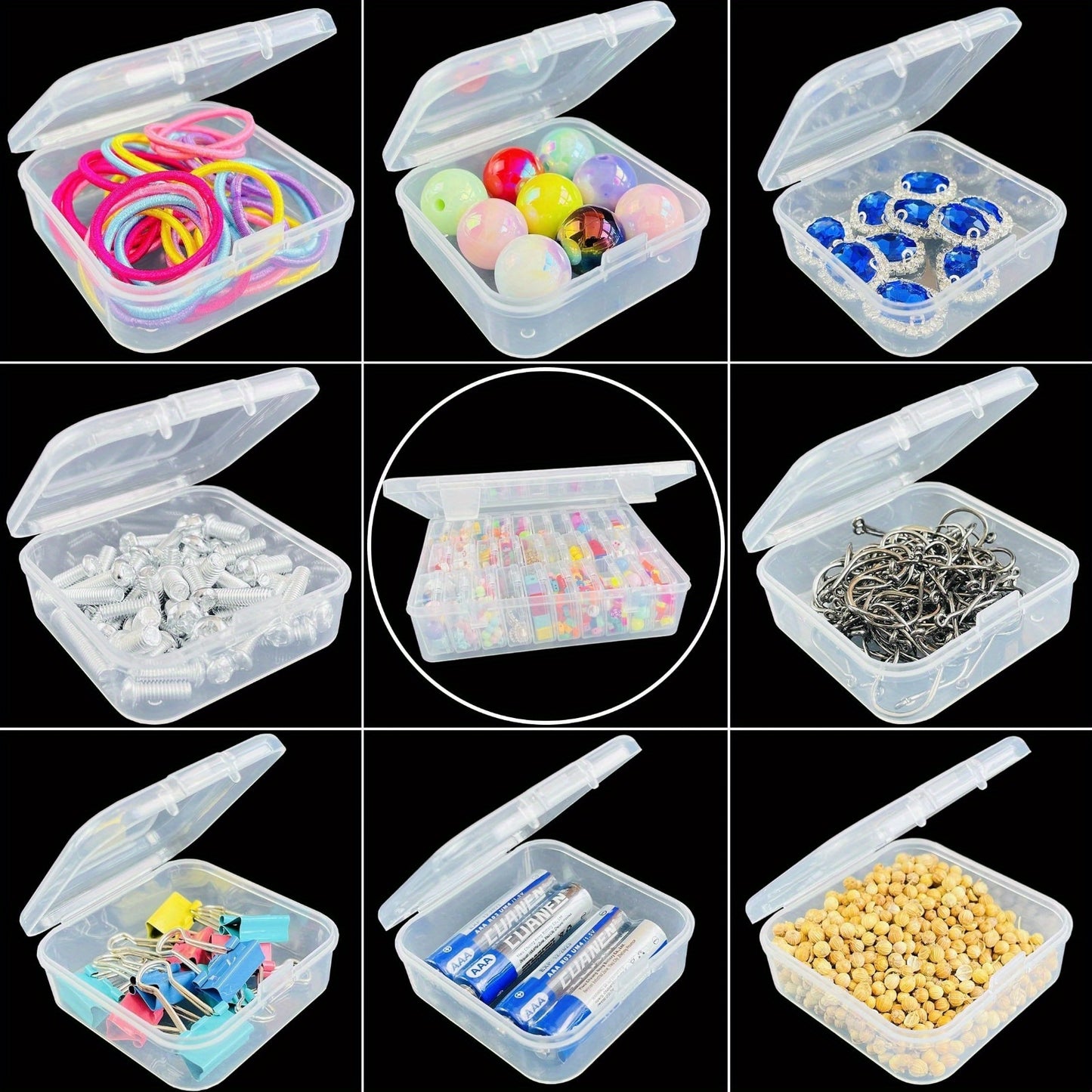 30 transparent plastic storage boxes for organizing small items such as crafts, beads, hair accessories, jewelry, and hardware. Includes compartments with options for 14 or 30 sections.