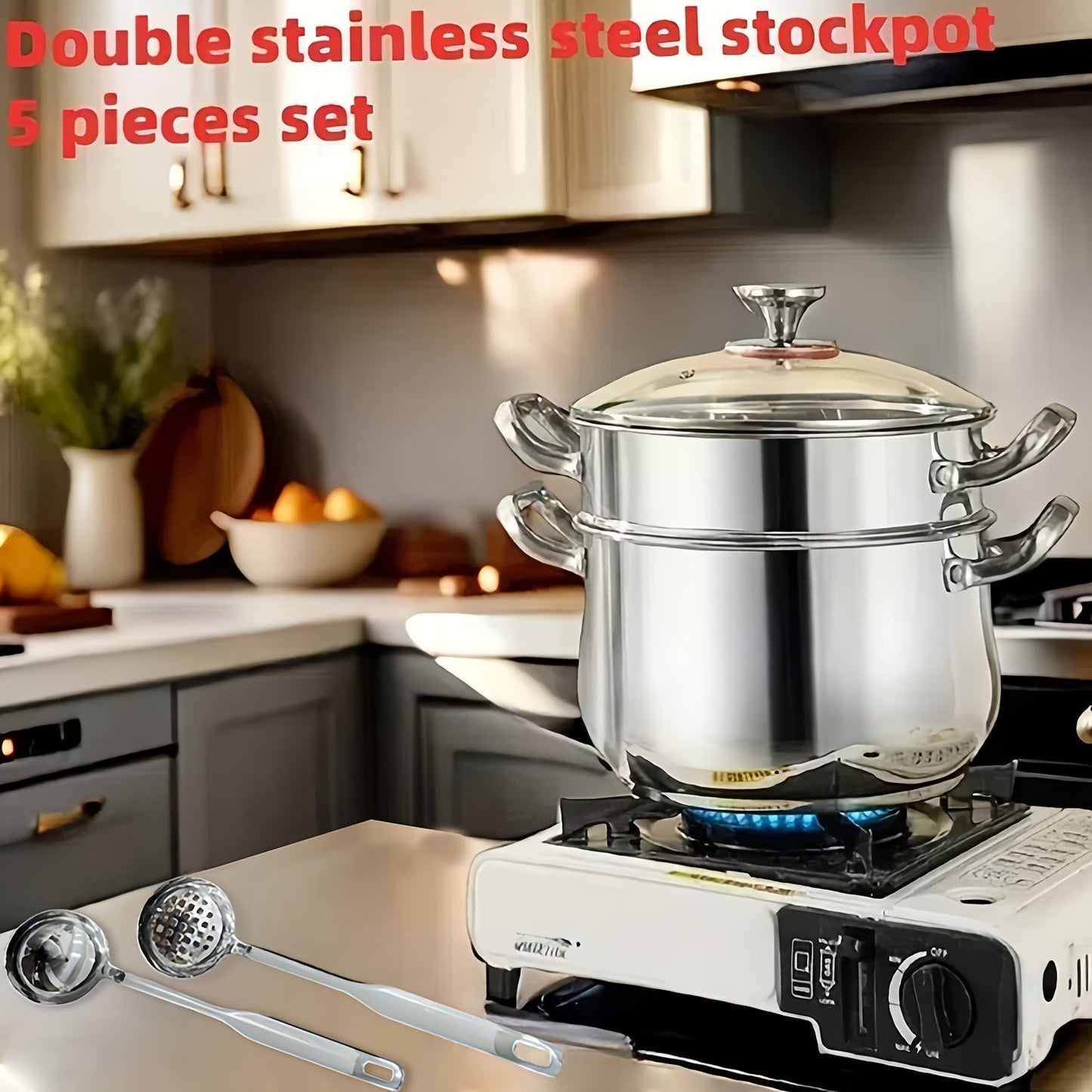 This 5-piece set of Stainless Steel Soup Pots comes with double handles and includes 2 pots, 1 lid, and 2 spoons. It is compatible with both induction cookers and gas stoves, making it perfect for preparing soup, hot pot, noodles, and seafood soup.