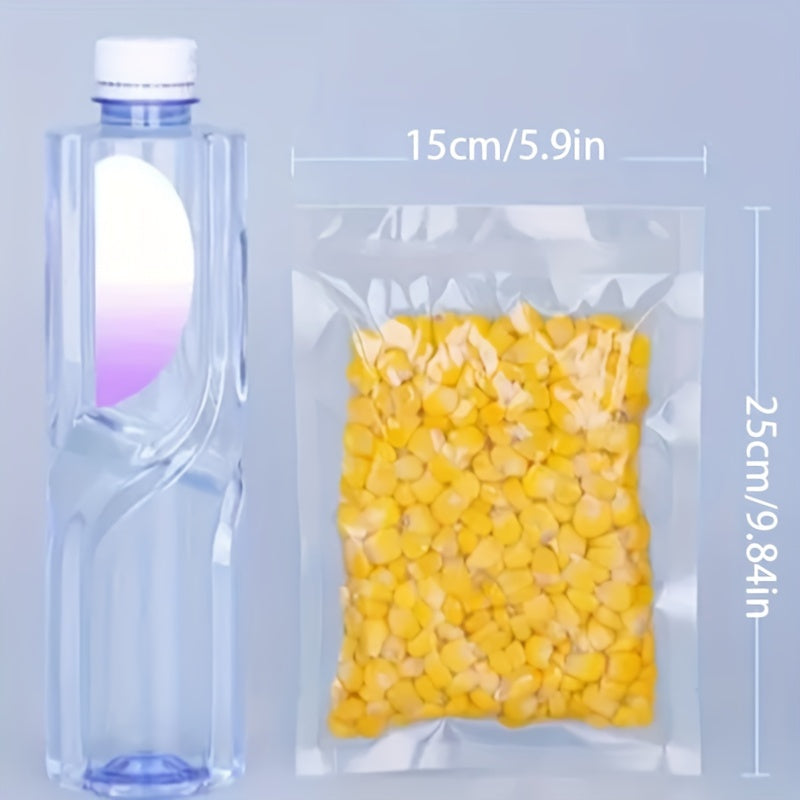 100 vacuum sealed food bags made of silk and transparent polyester nylon material. These bags are designed for vacuum compression and plastic sealing to keep food fresh. They have a glossy commercial finish.