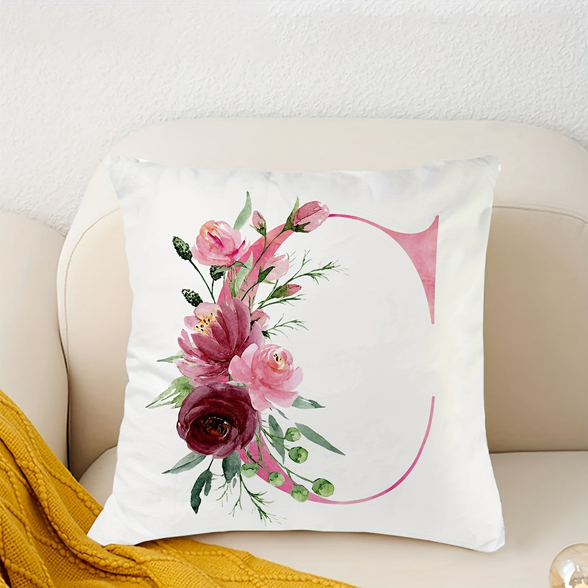 18x18 inch Alphabet Floral Pillow Cover featuring A to Z English Letters in pink print. Ideal for adding a contemporary touch to sofa, living room, or bedroom decor. Single-sided printing, insert not included.