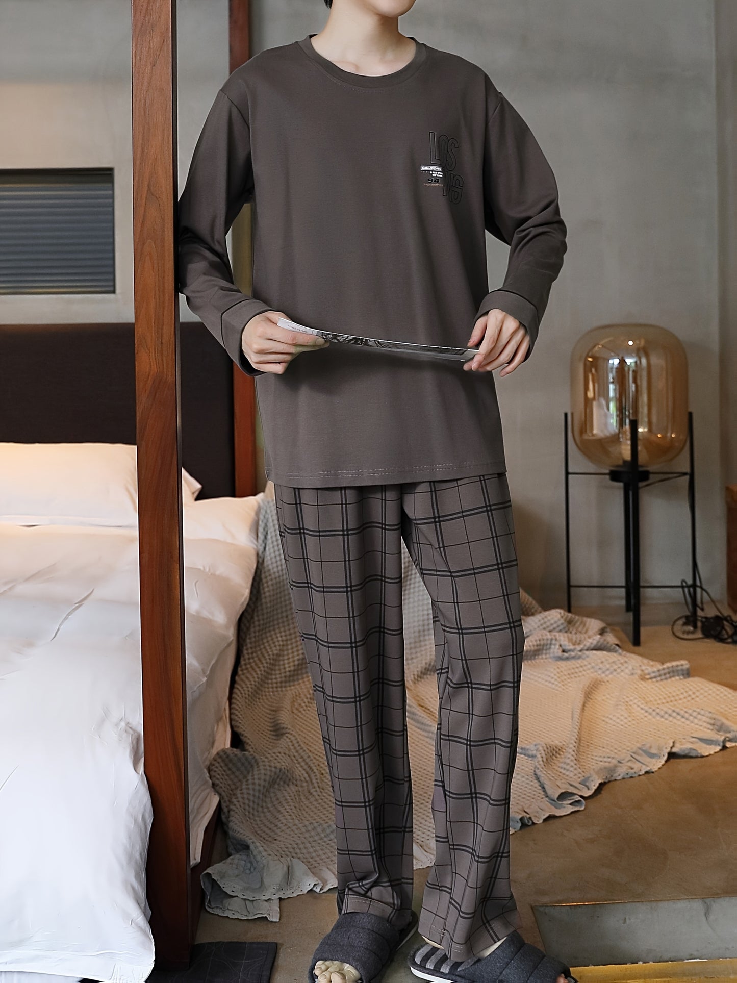 Men's plaid pajama set made of polyester knit fabric with slight stretch, includes crew neck long sleeve top and pants for loungewear sleepwear in spring/summer/fall.