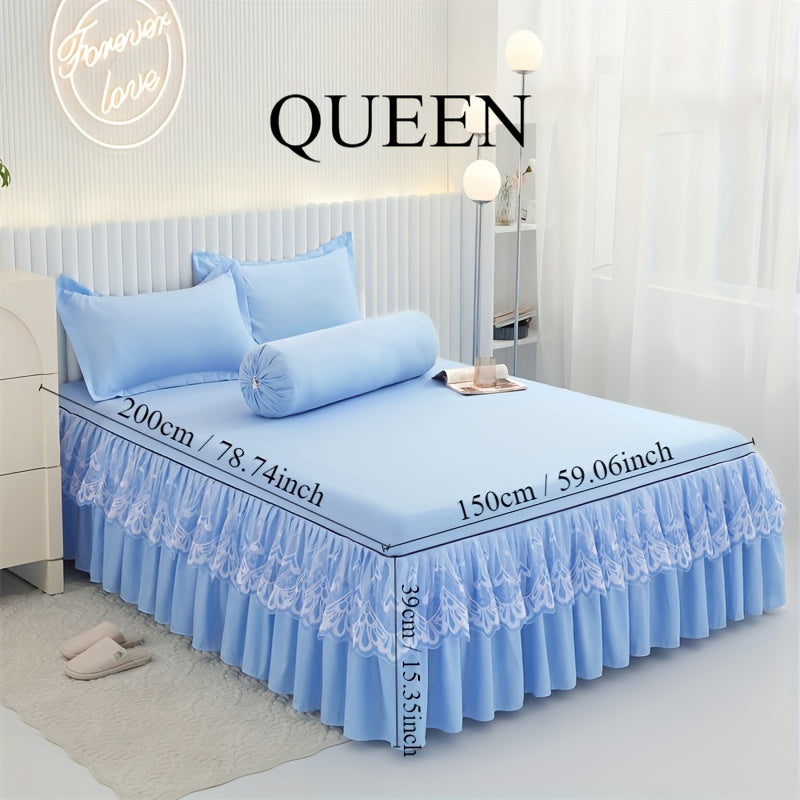 Chic 3-Piece Bed Skirt Set Featuring Double Layer Lace - Comes with 1 Bed Skirt and 2 Pillowcases, in a Solid Color. Non-Slip and Perfect for All Seasons, this Set is Machine Washable for easy care.