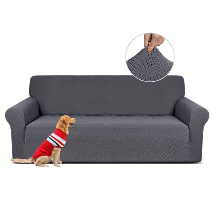 Pet-friendly sofa cover in gray striped jacquard fleece with elastic band, non-slip bottom, and all-season dust protection. Stylish and snug fit for living room furniture.