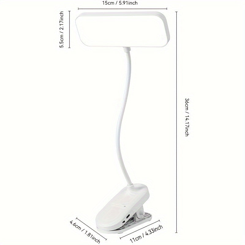 White LED gooseneck desk lamp with touch control, adjustable height and color temperature, rechargeable battery, dimmer, plastic finish; can be powered by USB or battery.