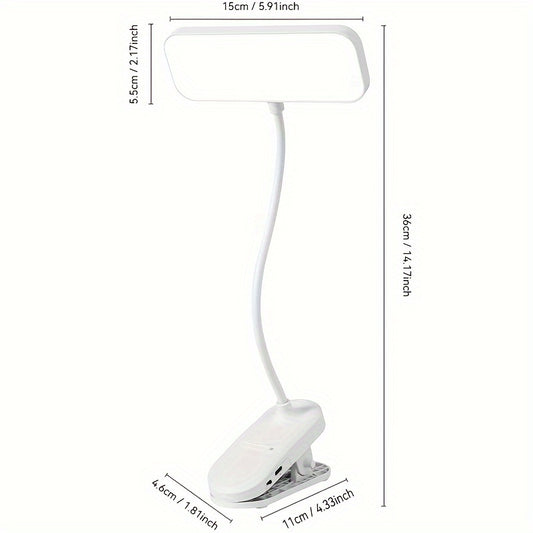 Oq LED gooseneck ish stoli lampasi, teginish nazorati, balandligi va rang haroratini sozlash, zaryadlanadigan batareya, dimmer, plastik qoplama; USB yoki batareya orqali quvvatlanishi mumkin.