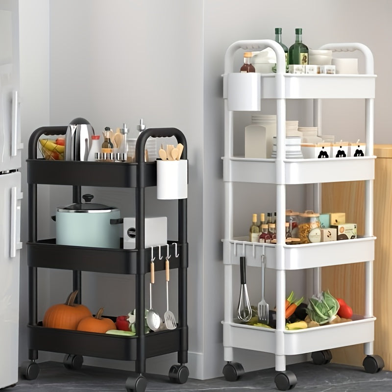 Four-tier trolley storage rack in white, perfect for kitchen, bathroom, bedroom, or office. This multifunctional rolling cart provides practical storage solutions.