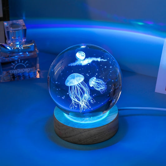 3D Dream Jellyfish Laser Engraved Crystal Ball LED Night Light - Perfect Creative Birthday Gift for Girlfriend, Classmate, or Wife.