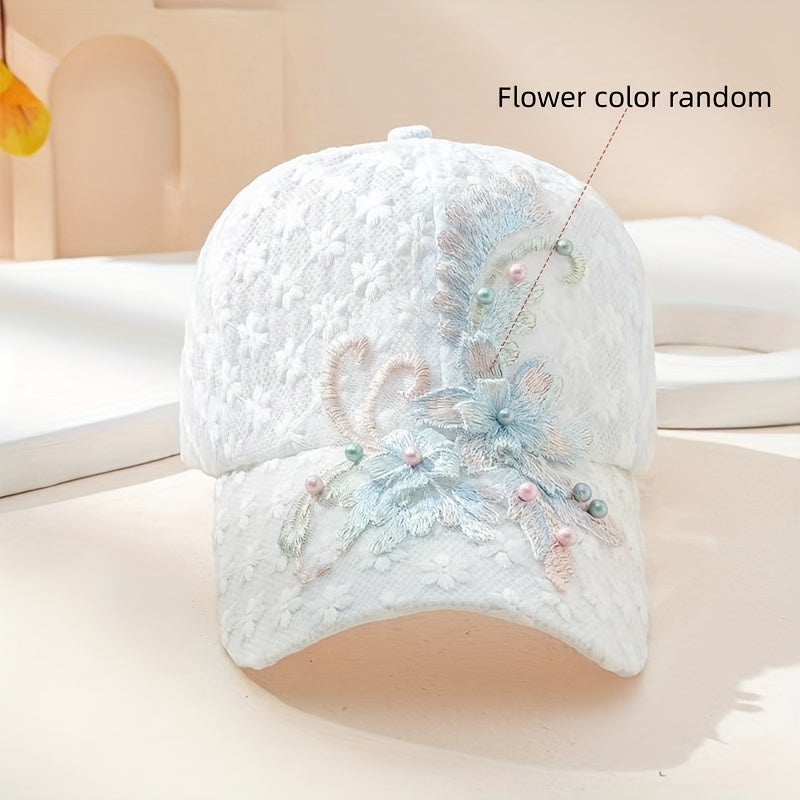 Flower Embroidery Mesh Trucker Hat with Faux Pearl Decor and Elegant Lace for Women