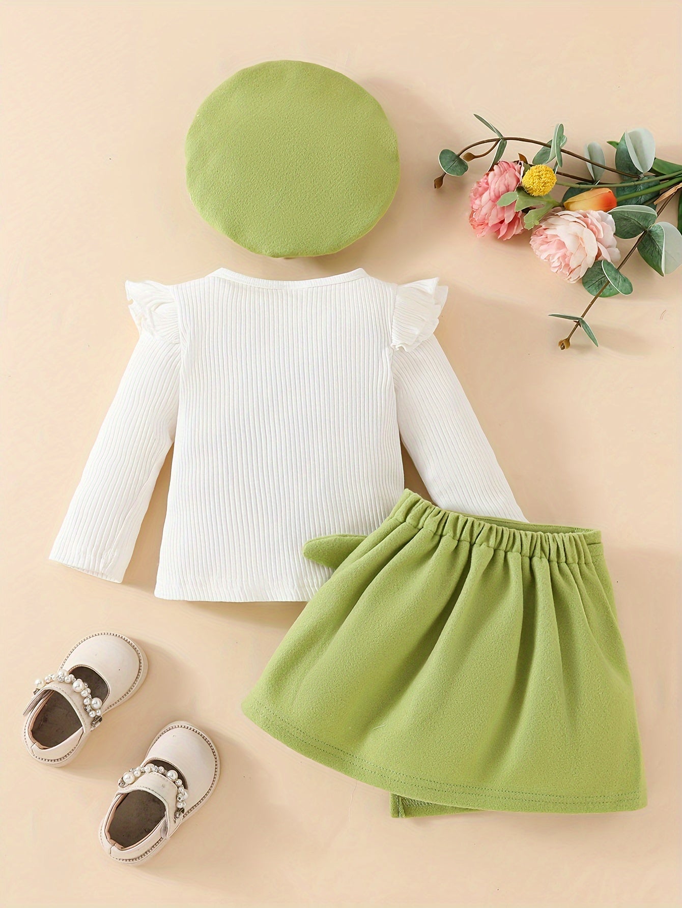 Adorable bowknot top, beret, and skirt set for toddler and infant girls, perfect for winter and fall.