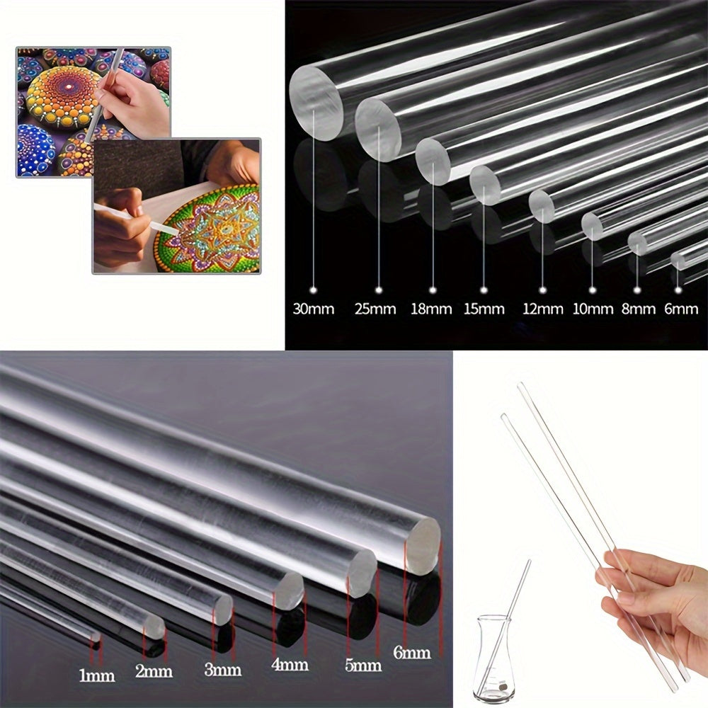 Clear acrylic rods available in sizes ranging from 1-14mm in diameter and 100/250mm in length. Sold in packs of 5 or 10, solid, round, and unpolished.