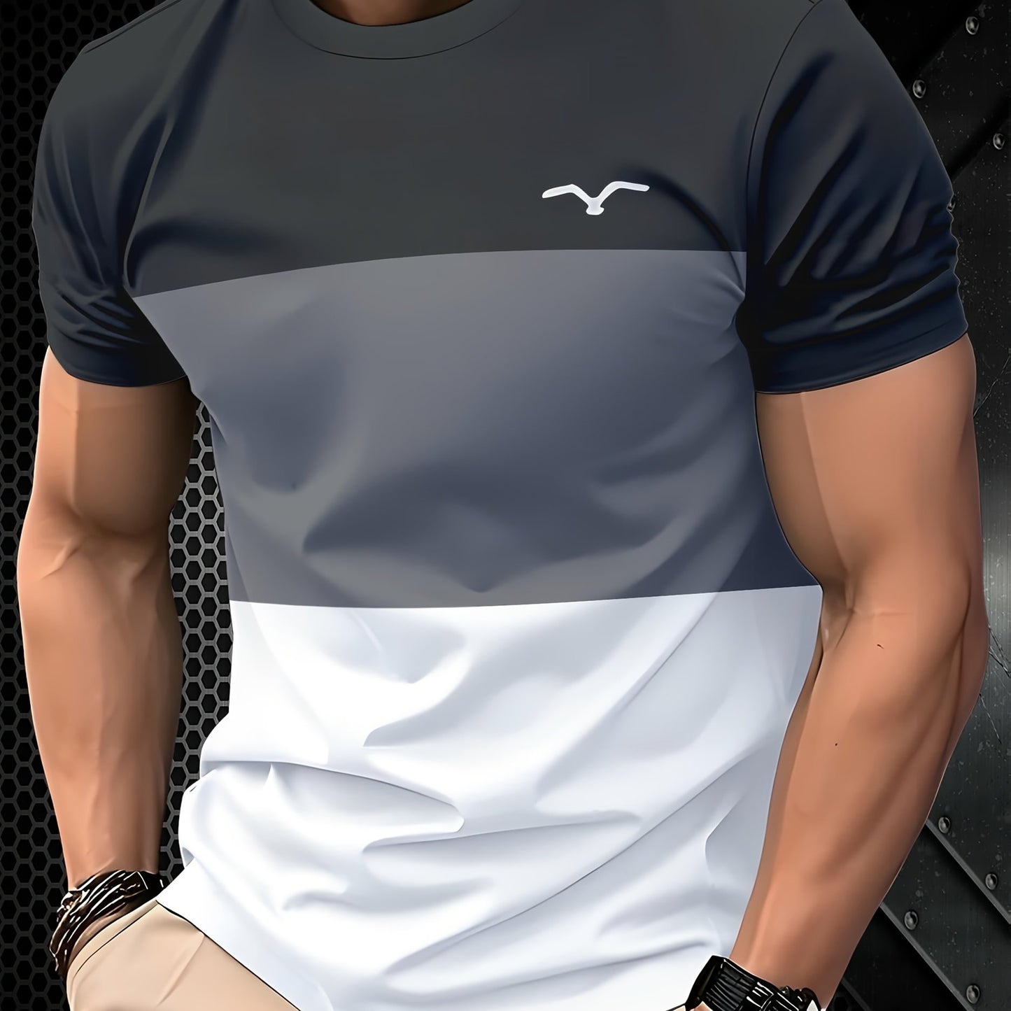 Men's Casual Seagull Graphic Tee, 3D Print, Short Sleeve, Crew Neck, Polyester/Spandex Blend, Slight Stretch, Regular Fit, Black/White/Gray