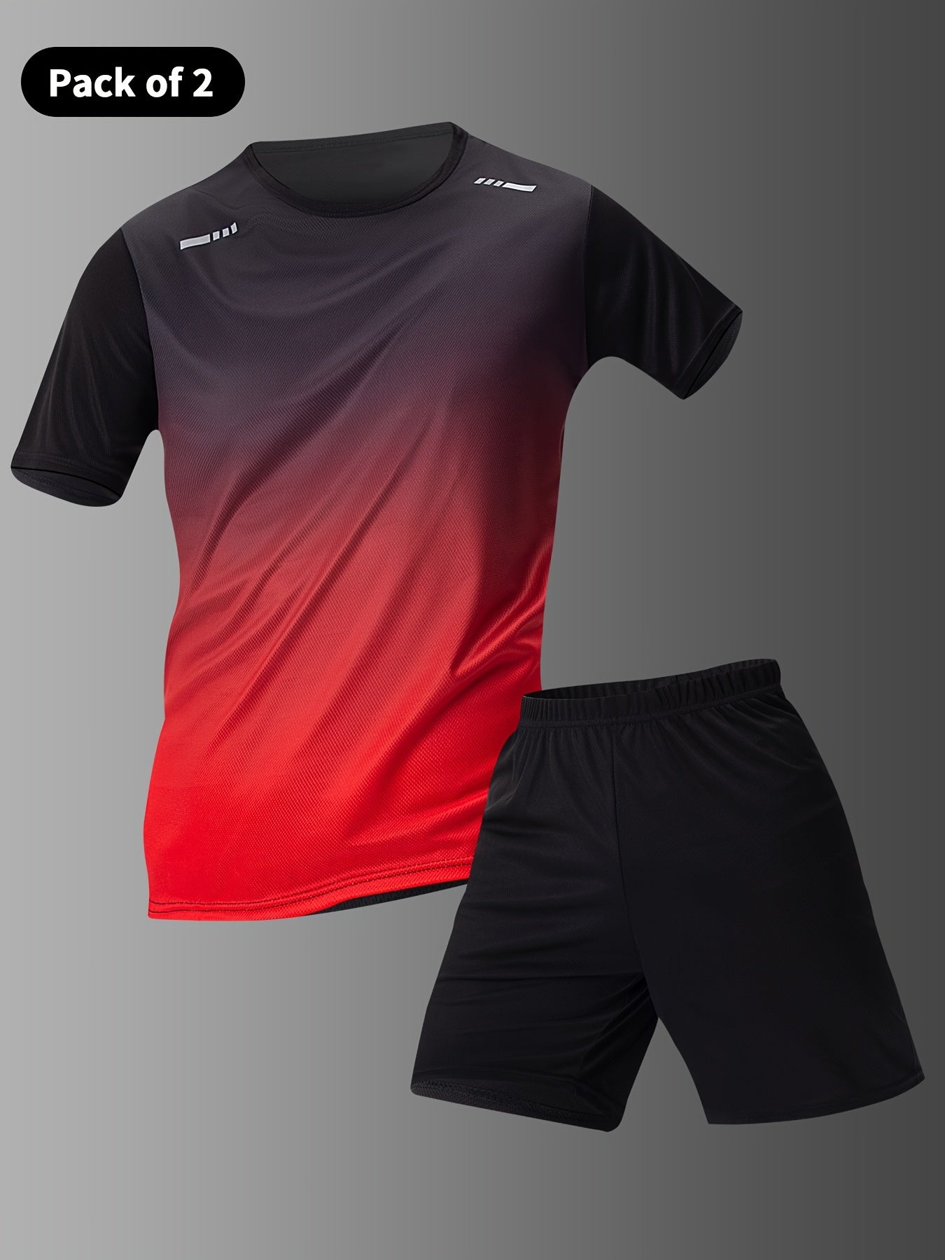 Men's casual sportswear set with gradient short sleeve t-shirt and solid elastic waist shorts for summer sports.