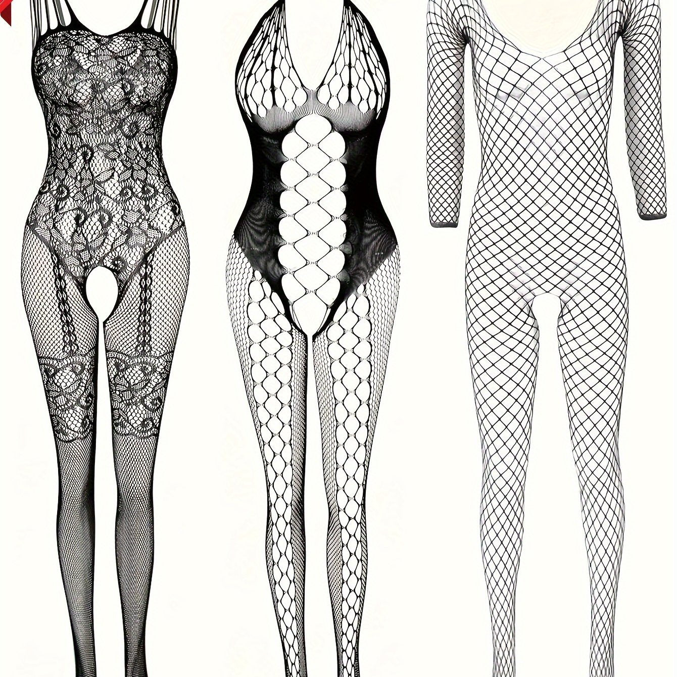 Women's black fishnet lingerie set includes bodysuit with open crotch. Made of high-elastic nylon and spandex in one size. Ideal for date nights, parties, honeymoons, and as a Valentine's