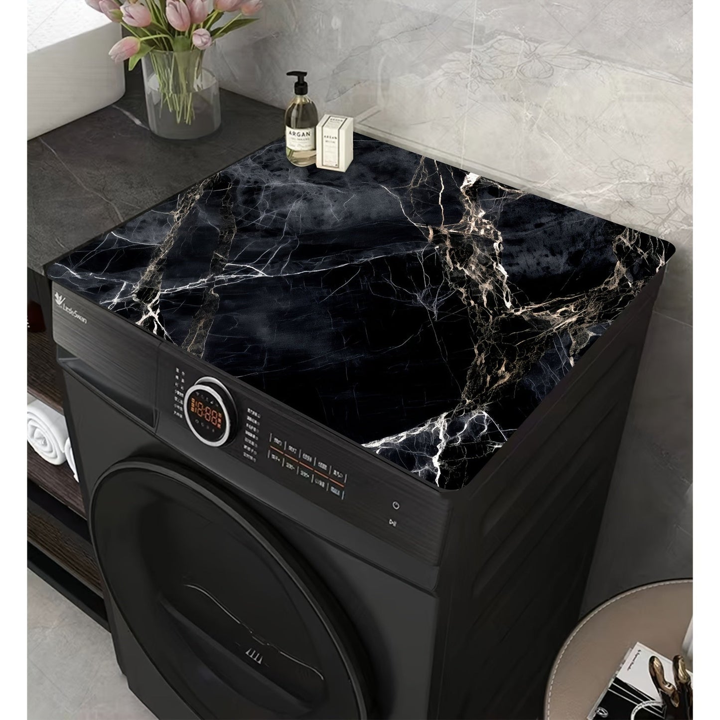 Elegant Black Marble Washing Machine Cover Mat - Absorbs Water, Prevents Slipping, Effortless to Clean & Store, Versatile for Refrigerator Dust Protection, Sleek Modern Design, Ideal for Laundry Room, Bathroom, Kitchen