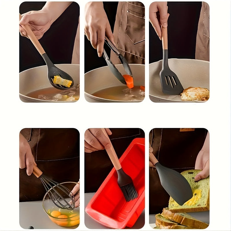 [Highly Rated] This 12-piece kitchen utensil set features silicone and wooden handle cookware that is perfect for all your cooking needs. These heat-resistant utensils are gentle on pots and pans and come with a convenient storage bucket for added