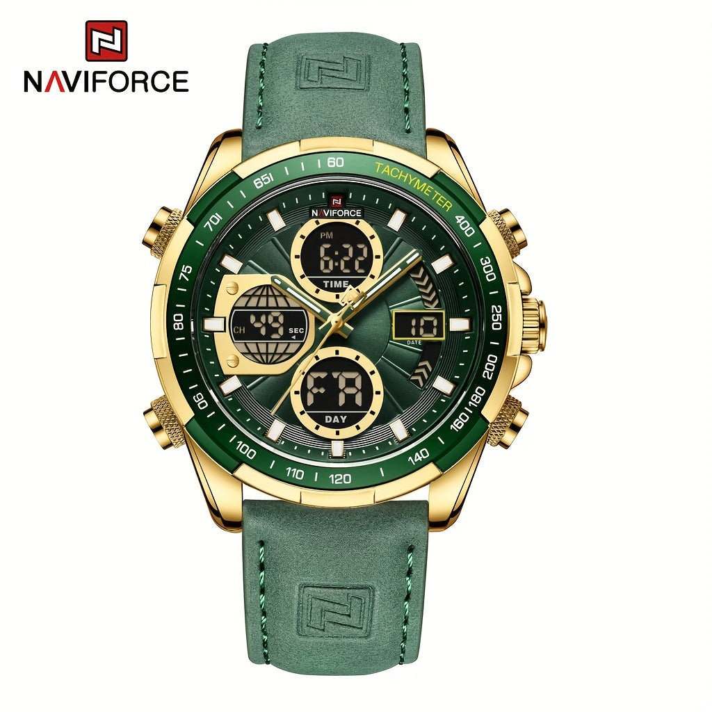 NAVIFORCE Men's Luxury Sports Quartz Watch - Waterproof, Genuine Leather Strap, Dual Display with Date & Chronograph Functions, Stainless Steel Case, Green Accents, Tachymeter Equipped