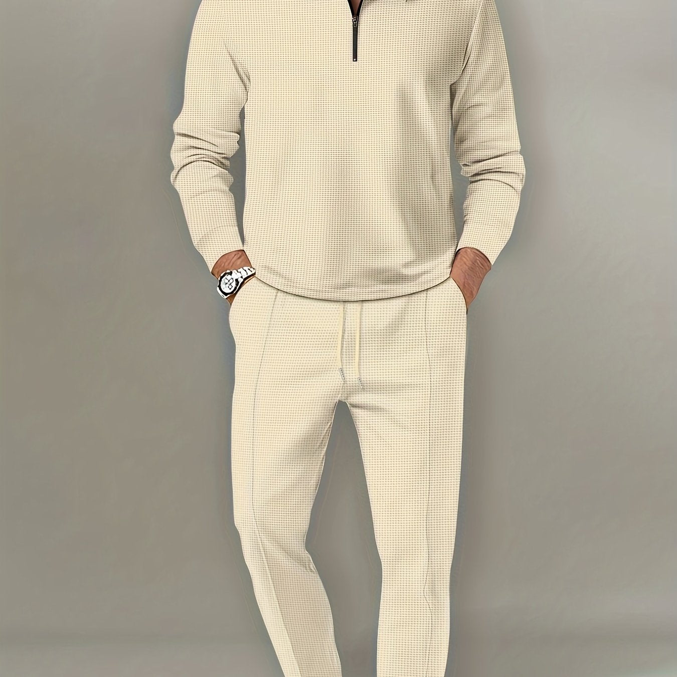 Men's 2Pcs Waffle Pattern Outfit: V Neck Shirt + Sweatpants Set for Spring/Fall