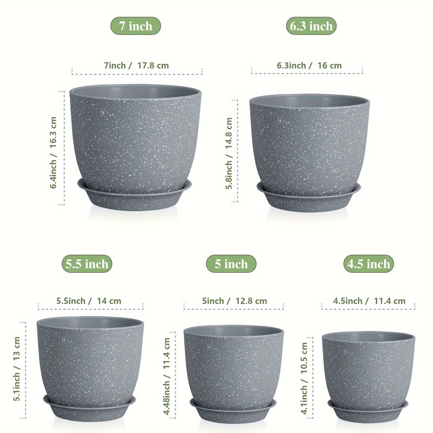 Self-watering planter set includes 5 durable plastic pots with drainage holes, ideal for indoor/outdoor use with succulents, snake plants, and African violets (plants not included).