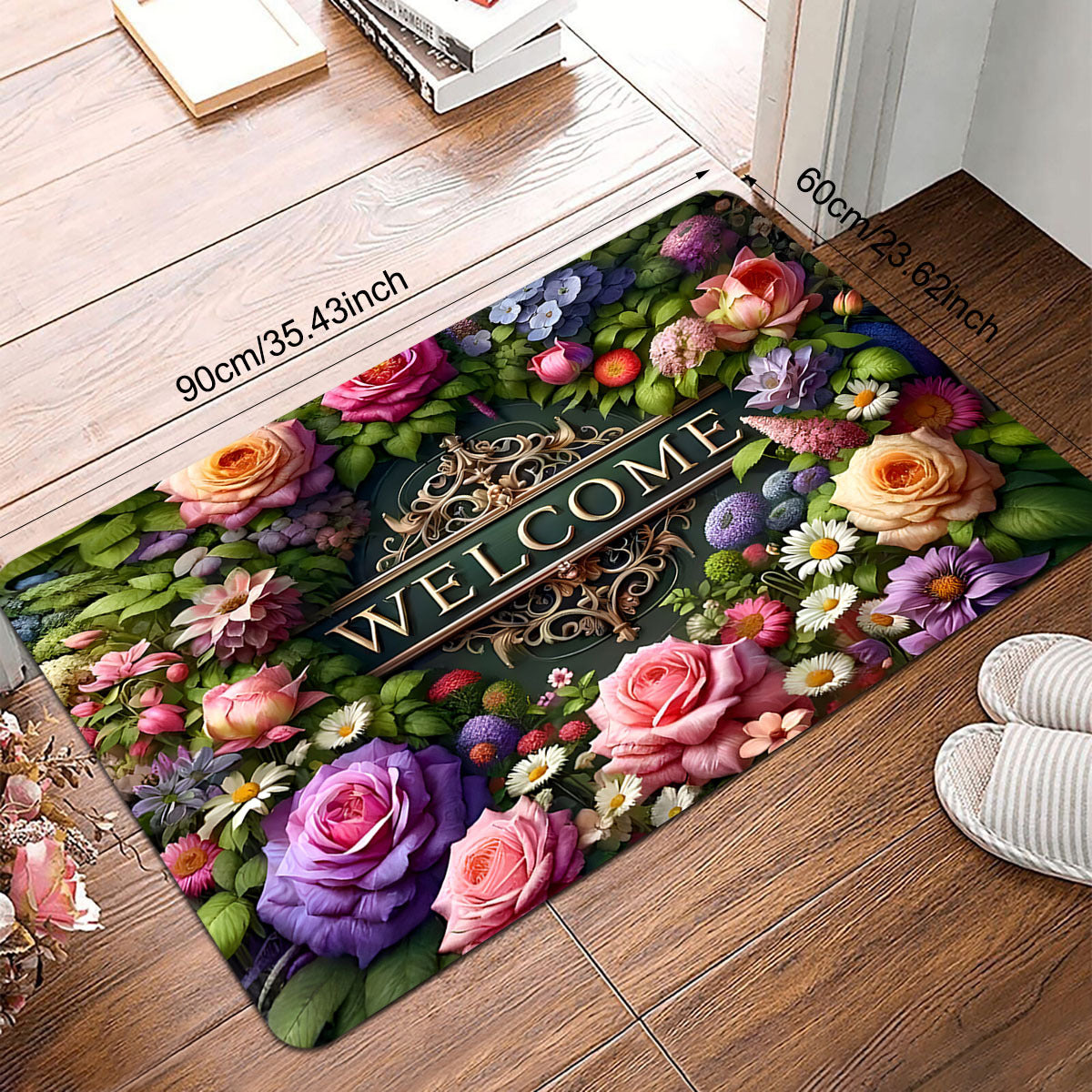 Introducing the Welcome Floral Doormat - A Polyester Non-Slip Mat that is Stain Resistant, Lightweight, Washable, and Perfect for Indoor or Outdoor use. This Rectangular Entrance Mat is ideal for occasions like Christmas, Thanksgiving, Valentine's Day