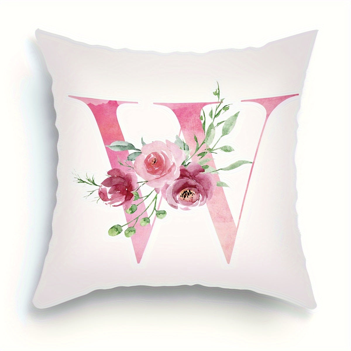 18x18 inch Alphabet Floral Pillow Cover featuring A to Z English Letters in pink print. Ideal for adding a contemporary touch to sofa, living room, or bedroom decor. Single-sided printing, insert not included.