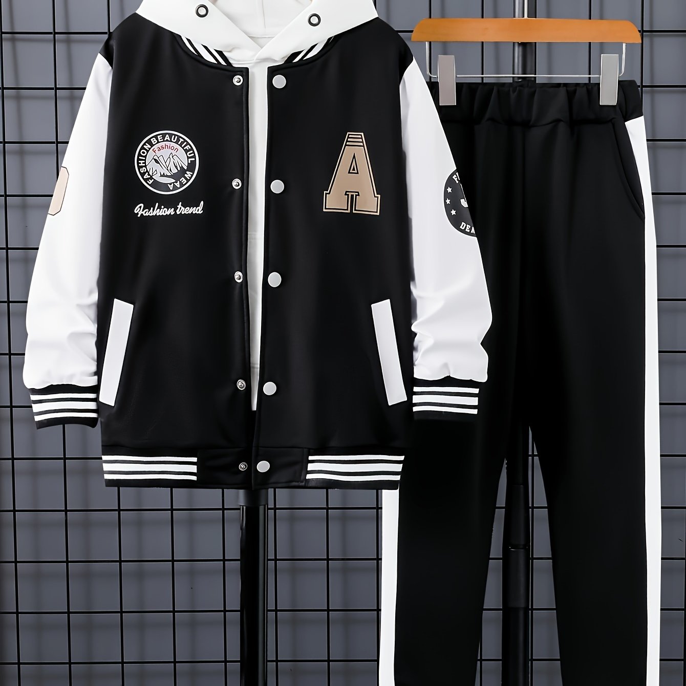 Boys' Donabebe Varsity Jacket & Pants Set with Color Block "A" Print, Polyester Outfit for Fall/Winter Outdoor Wear