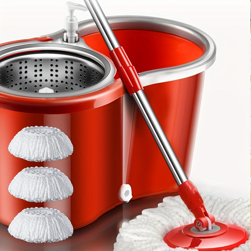 Red Household Spin Mop Set with Bucket and 3 Mop Heads - Rotating Floor Mop for Hands-free Cleaning. Suitable for Home, Kitchen, Bathroom Floors. Includes Dust Removal and Wet/Dry Mop Heads. Essential Cleaning Tool.