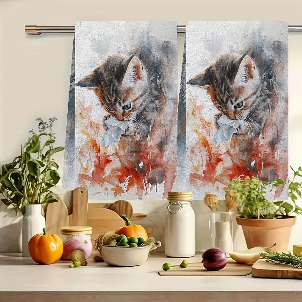 Two ultra soft kitchen towels featuring an adorable kitten with tissue design. These highly absorbent and machine washable dish hand towels are perfect for a contemporary coastal theme in your home decor. Each towel measures 40.64x60.96 cm.