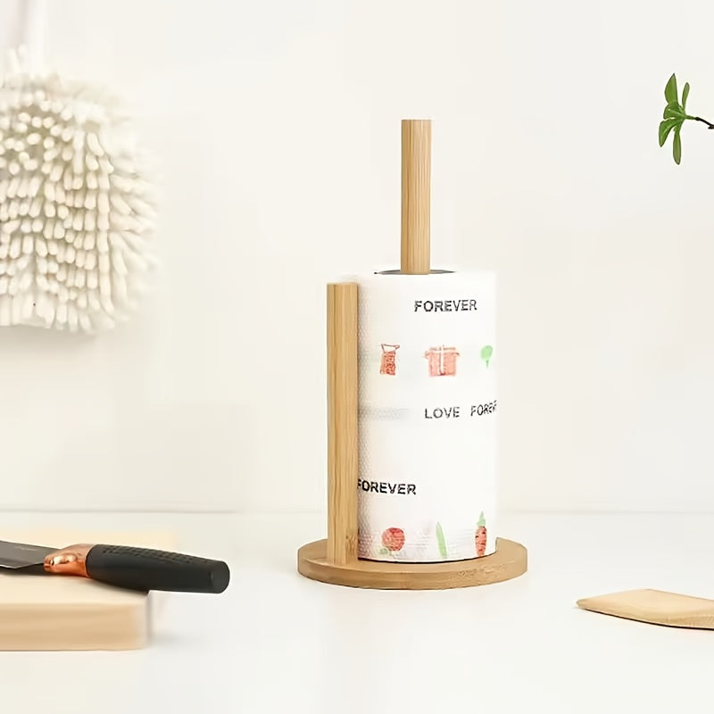 A vertical bamboo rack designed to store and hold kitchen paper towels, cloths, cling film, and other items. The rack comes with a detachable kitchen paper towel holder.