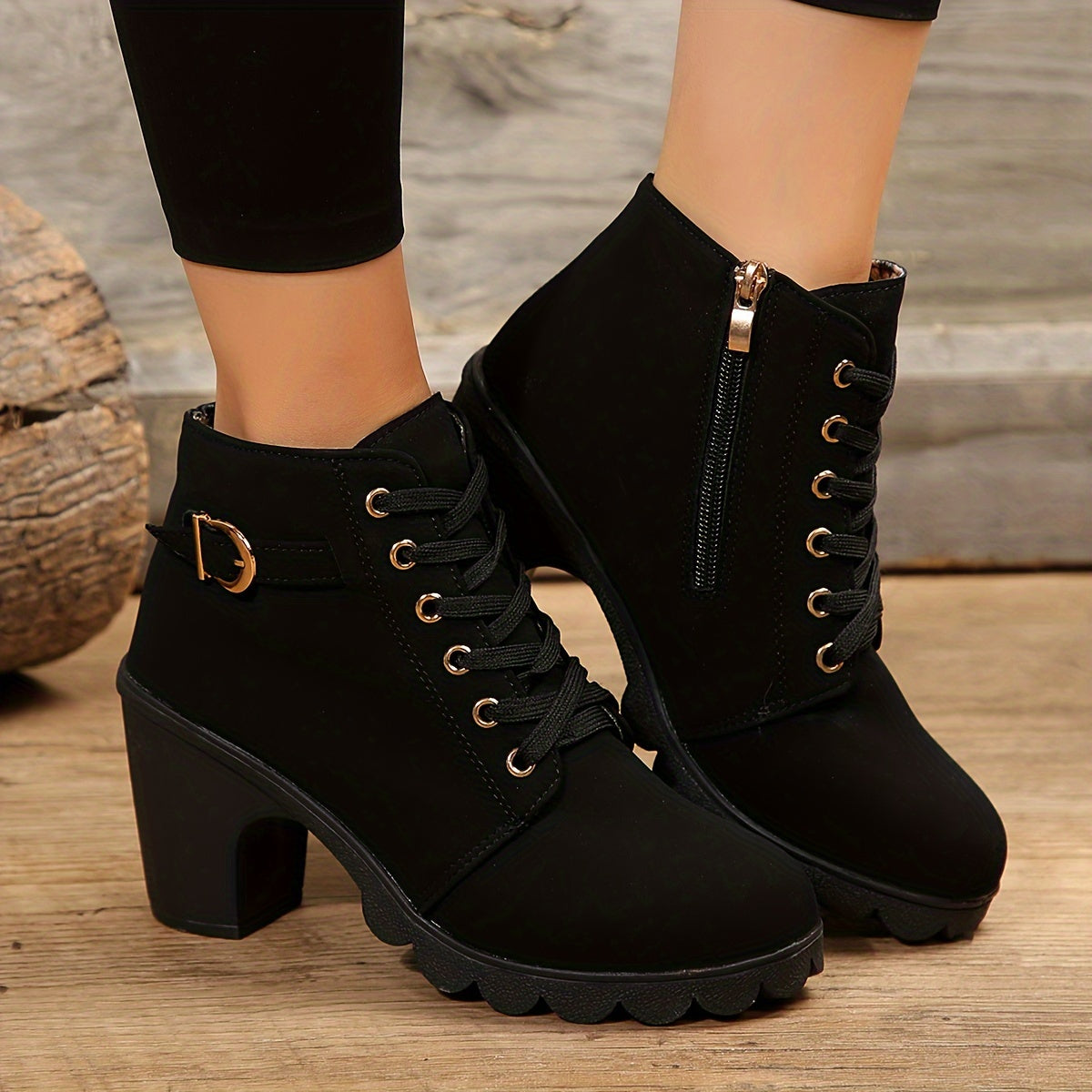 Chunky heel lace-up ankle boots for women, with side zipper.